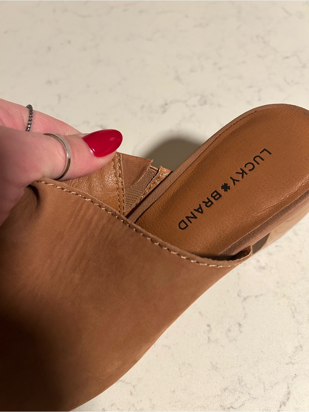 🍀Lucky Brand Nicholia Brown Leather Mules Sandals Chunky Block Heel - Picture 10 of 16
